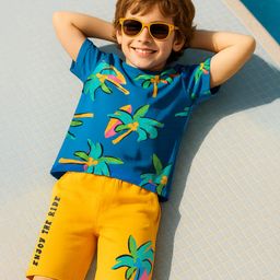 OLLINGTON ST. Cotton Half Sleeves T-Shirt & Shorts With Beach Theme Print - Blue & Yellow-picture-2