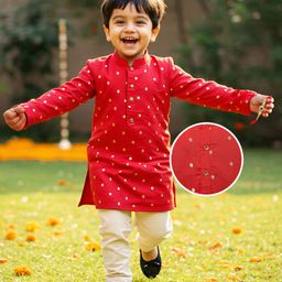 Babyhug Woven Full Sleeves Kurta & Pajama Set With Foil Polka Dot Print - Red & White-image-52