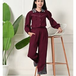 Bella Moda Cotton Full Puffed Sleeves Floral Embroidered Shirt Style Top & Coordinating Pant Set - Wine-image-83
