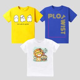 KAVEE Pure Cotton Pack Of 3 Half Sleeves Baby Lion & Cute Ghost Printed Tees - White Blue & Yellow-picture-22