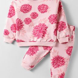 CUCUMBER Sinker Knit Full Sleeves Co-Ord Night Suit With Floral Print - Baby Pink-image-64