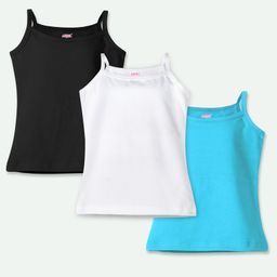 Ariel Cotton Lycra Knit Pack Of 3 Sleeveless Solid Camisoles - Black White & Sky Blue-image-71