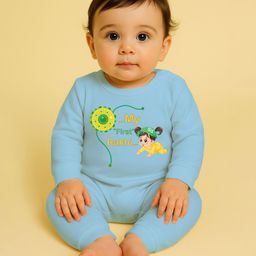 The Peppy Tend 100% Cotton Knit Raksha Bandhan Theme Full Sleeves My First Rakhi Text Printed Romper - Blue-image-80