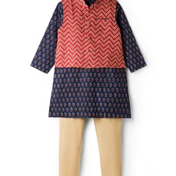 Exclusive from Jaipur Cotton Woven Full Sleeves Kurta Pajama & Jacket Set With Floral Print - Navy Blue & Red-picture-25