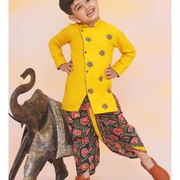 KID1 Cotton Woven Sleeveless Peacock Feather Embroidered & Floral Printed Dhoti Kurta Set - Yellow & Green-image-30