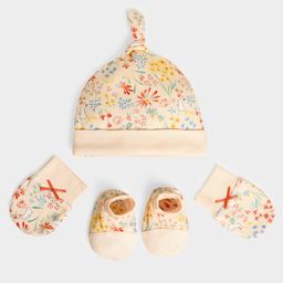 Mi Arcus Cotton Spandex Knit Pack Of 3 Floral Printed Cap With Booties & Mittens Set - Peach-picture-46
