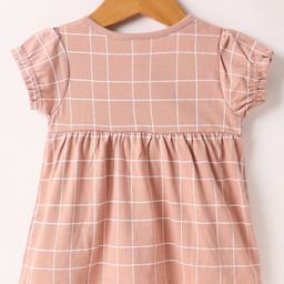 Zero Sinker Knit Half Sleeves Checks Front Open Frock - Light Peach image 2