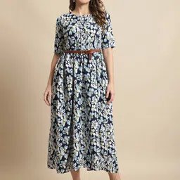 Metronaut Floral Print Round Neck Fit & Flare Midi Dress Comes With Belt-image-65