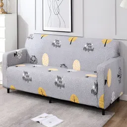 HOKIPO Grey & Yellow Printed  Elastic Stretchable 4 Seater Sofa Cover With Arms-image-88