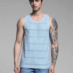 Jack & Jones Blue Cotton Regular Fit Textured Vest-image-7