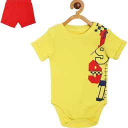 MINIKLUB Boys Yellow & Red Printed Bodysuit with Shorts-picture-2