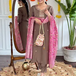 KALINI Women Floral Embroidered Regular Chanderi Silk Kurta with Trousers & With Dupatta-image-97