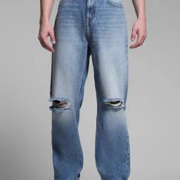 Jack & Jones Blue Cotton Loose Fit Distressed Jeans-image-51
