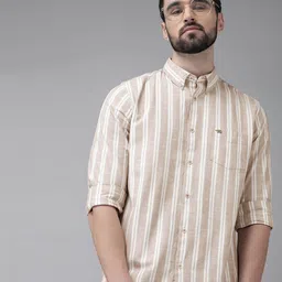 THE BEAR HOUSE Men Beige & White Pure Cotton Slim Fit Striped Casual Shirt-image-56