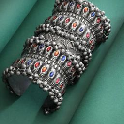 Moedbuille Stones & Ghungroo Studded Oxidised Silver Plated Antique Tribal Design Cuff Bracelet-image-38