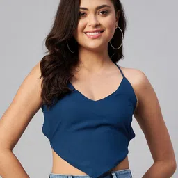 MIRAVAN Teal Blue Crop Top With Tie-Ups-image-19