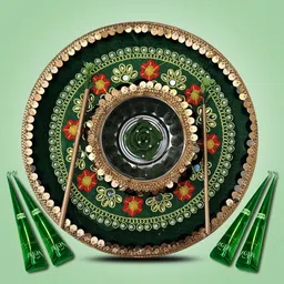 ME & YOU Green & Red Embroidered Metal Haldi Thali Set-23