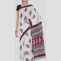 Kalakari India White Cotton Printed Saree With Unstitched Blouse-image-53