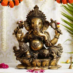 eCraftIndia Lord Ganesha with Mukhut on Lotus Base Antique Look Handcrafted Premium Brass Idol-image-25