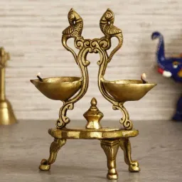 eCraftIndia Parrot Design Antique Finish Decorative Handcrafted Brass Diya With Stand-image-3