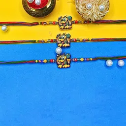 ORANGENYSHA Set Of 3 American Diamond Studded & Beaded Meenakari Thread Rakhis-picture-30