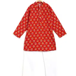 Campana Kids Red & White Cotton Floral Print Kurta Set-picture-40