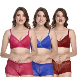 AROUSY Maroon & Blue Self Pattern Bra Panty Set - Pack Of 3-image-67