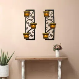 HOSLEY Black Metal Wall Hanging Tealight Candle Holder with Tealight Candles - Set of 2-46