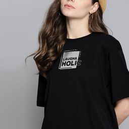 Kook N Keech Women Black Printed Detail Cotton Oversized Round Neck Oversized T-shirt-image-50
