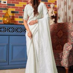 Saree Mall White Embellished Sarees With Unstitched Blouse-image-37