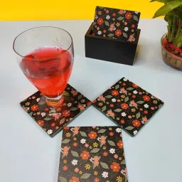 Crayton Black Wooden Floral Printed Square Coasters with Holder - Set of 6 image 1