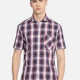 John Players Men Navy Blue & Red Trim Fit Checked Casual Shirt-image-17