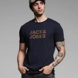 Jack & Jones Navy Blue Cotton Slim fit Graphic T-Shirts-image-24