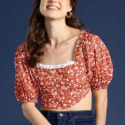 Mast & Harbour Print Puff Sleeve Ruffles Styled Back Crop Top-picture-44