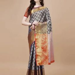 JUST FASHION Navy & Grey Silk Woven Saree With Unstitched Blouse-picture-30