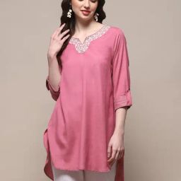 Biba Pink Embroidered High Low Kurti-image-105