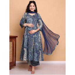 Secret Wish Navy Blue Paisley Cotton Maternity Kurta Pant and Dupatta (Set of 3)-picture-40