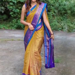 Satrani Yellow & Blue Silk Woven Saree With Unstitched Blouse-image-44