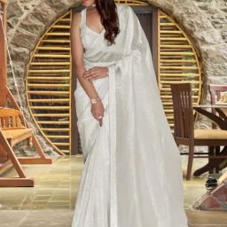 Saree Mall White Embellished Sarees With Unstitched Blouse-image-17