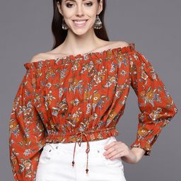 Varanga Maroon Floral Print Off-Shoulder Top-image-64