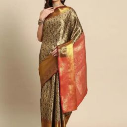 JUST FASHION Black & Golden Silk Woven Saree With Unstitched Blouse-picture-40