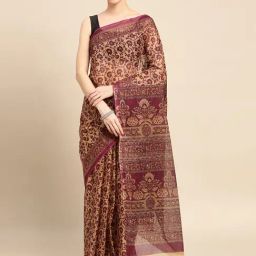 SHANVIKA Beige & Purple Cotton Printed Saree Without Blouse-picture-11