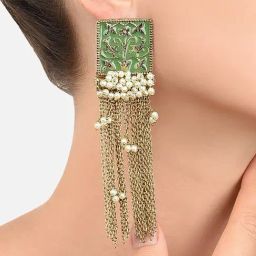 Zaveri Pearls Pastel Green Meenakari Chain Fringe Clustered Pearls Drop Earrings-ZPFK10137-28