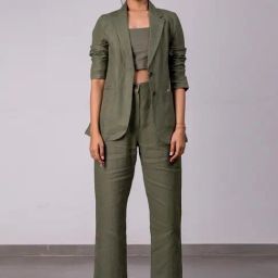 Zebein India Olive Green Viva La Frida Diane Linen Blazer With Welt Pockets-15