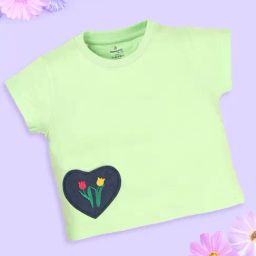 Kiddopanti Girls Green Cotton Half Sleeves Round Neck Tee With Heart Applique-picture-8
