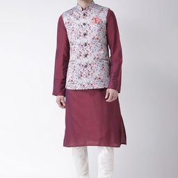 KISAH Men Maroon & White Solid Kurta with Churidar & Multicoloured Printed Nehru Jacket-8
