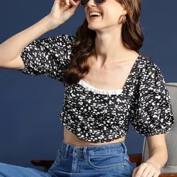 Mast & Harbour Monochrome Print Puff Sleeve Ruffles Styled Back Crop Top-image-78