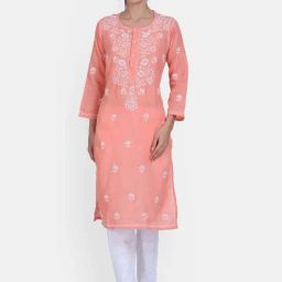 PARAMOUNT CHIKAN Peach Cotton Embroidered Straight Kurta-image-90