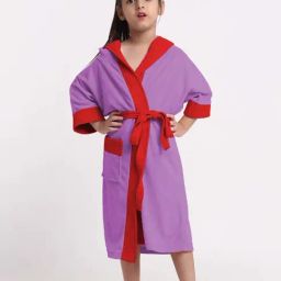 Creeva Melodious Purple & Red Micro Terry 225 GSM Kids Hooded Bathrobe 10-11 Years With Pocket-92