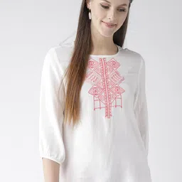 Xpose White & Red Geometric Embroidered A-Line Top-2